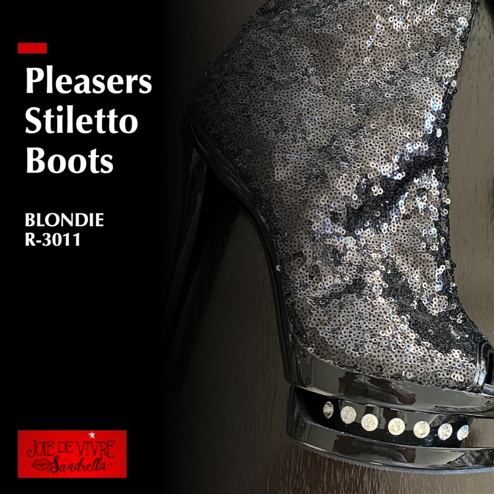 Pleaser Thigh-High Stiletto Boot | BLONDIE-R-3011 | Black + Sequin + Crystal
